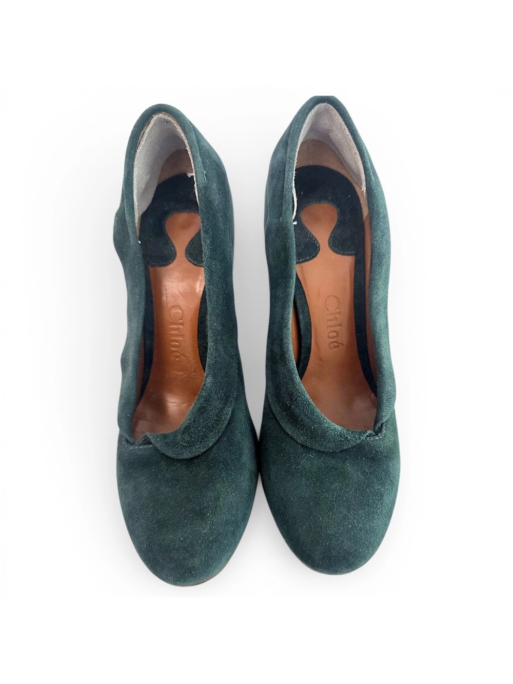 Chloé Dark Green Suede Scalloped Round-Toe Heels